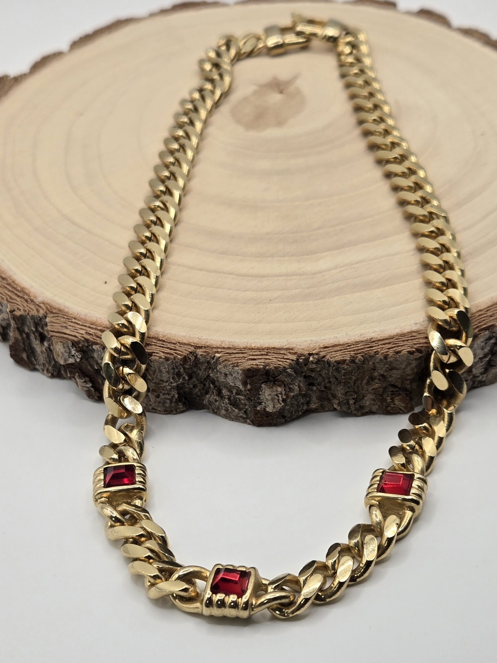 Gold Tone Curb Chain Necklace with Red Rhinestones